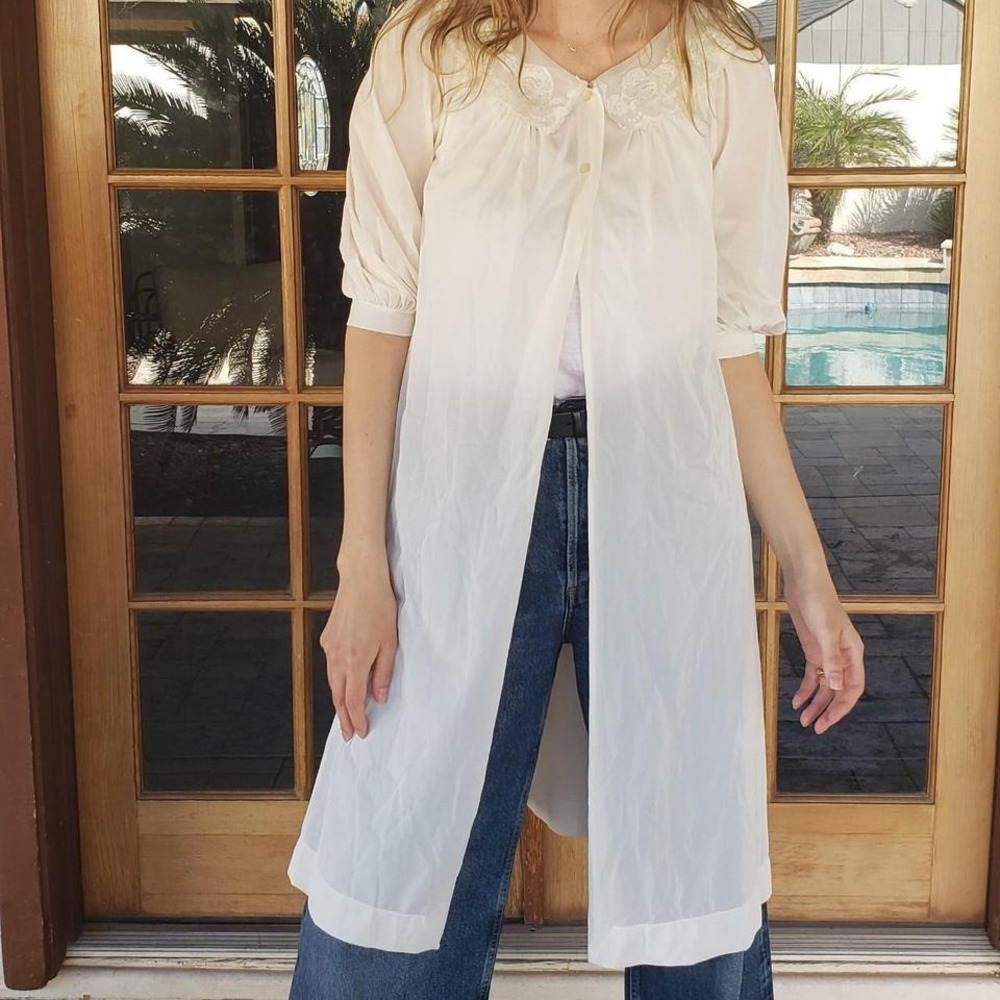 Vintage White Sheer Lace Collar Nightgown‎ Robe Puff Sleeve Midi Romantic White